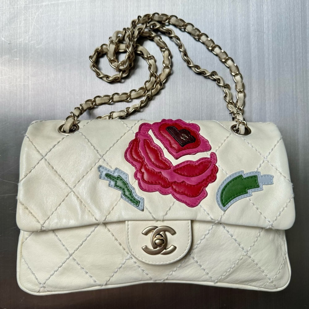 Chanel Lambskin Quilted Flower Patch Single Flap in Cream - Picture 1 of 10